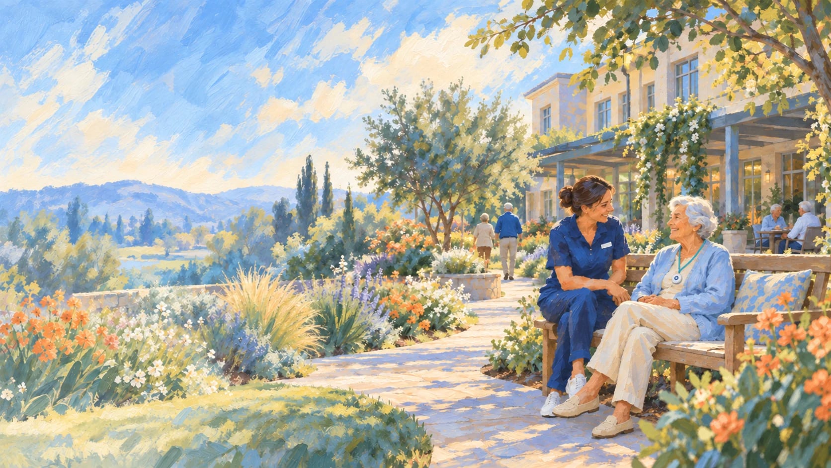 A caregiver and a resident wearing the JXN pendant talk on a garden bench outside an assisted living community